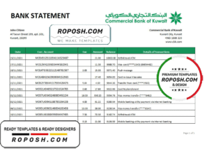 Kuwait Commercial Bank statement easy to fill template in .xls and .pdf file format