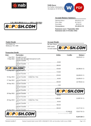 Australia NAB bank statement, Word and PDF template, 2 pages