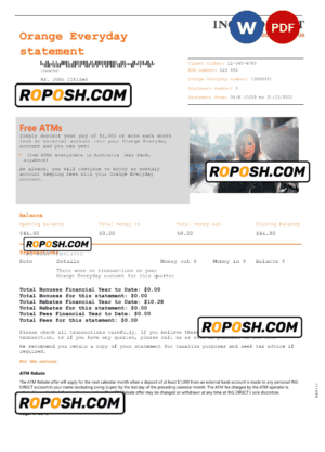 Australia ING Direct bank statement, Word and PDF template, 2 pages