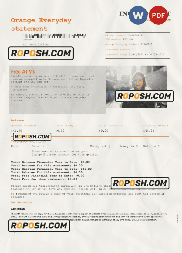 Australia ING Direct bank statement, Word and PDF template, 2 pages