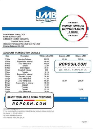 Jamaica Mortgage Bank statement template, Word and PDF format (.doc and .pdf)