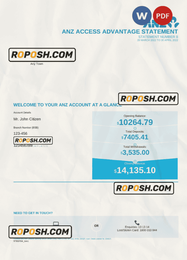 Australia ANZ bank statement, Word and PDF template, 5 pages