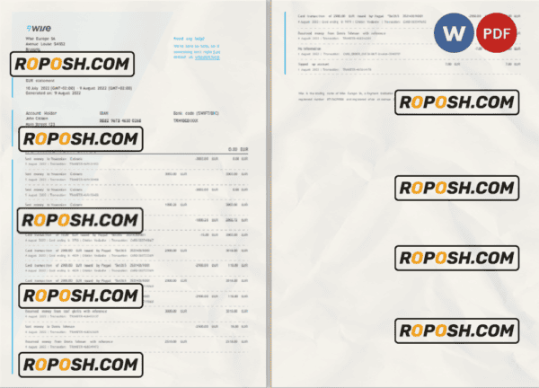 Belgium Wise bank statement Word and PDF template, 2 pages