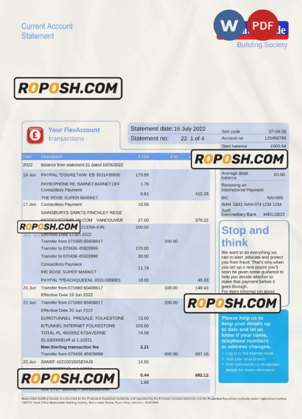 United Kingdom Barclays bank statement, Word and PDF template, 4 pages, version 2