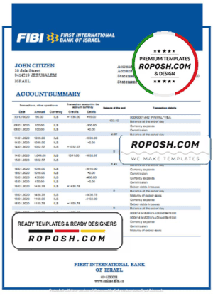 Israel First International Bank of Israel proof of address bank statement template in Word and PDF format
