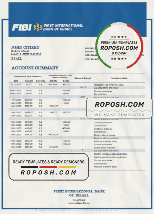 Israel First International Bank of Israel proof of address bank statement template in Word and PDF format