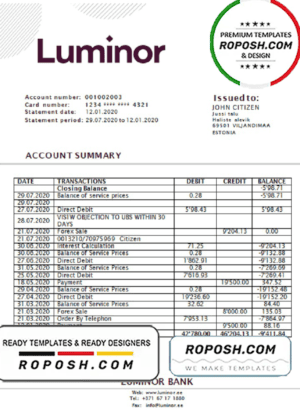 Estonia Luminor Bank proof of address bank statement template in Word and PDF format, .doc and .pdf format