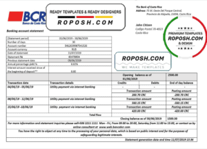 Costa Rica The Bank of Costa Rica bank statement template in Word and PDF format