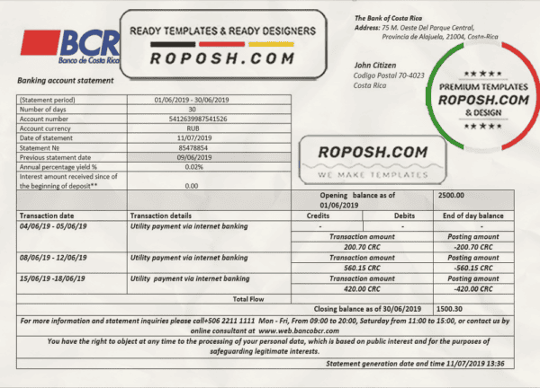 Costa Rica The Bank of Costa Rica bank statement template in Word and PDF format