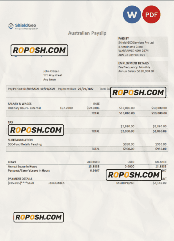 Australia Shield Geo consulting company pay stub Word and PDF template