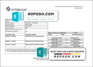 Azerbaijan Afbbank bank statement template in Excel and PDF format