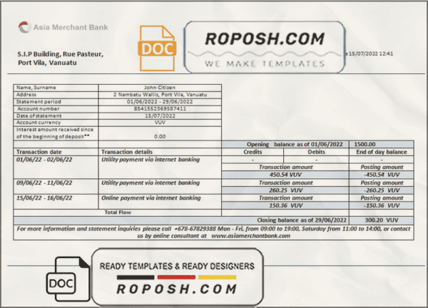 Vanuatu Asia Merchant bank statement template in Word and PDF format
