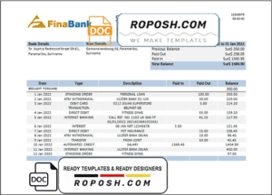 Suriname Finabank bank statement template in Word and PDF format