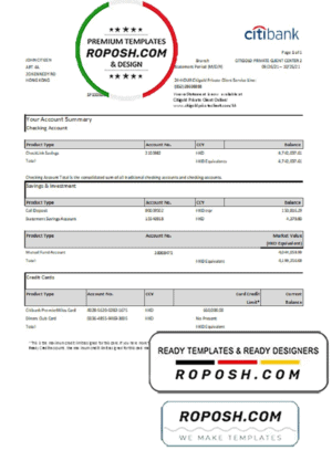 Hong Kong Citibank credit card statement template in .xls and .pdf file format