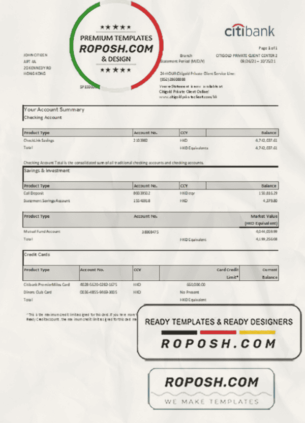 Hong Kong Citibank credit card statement template in .xls and .pdf file format