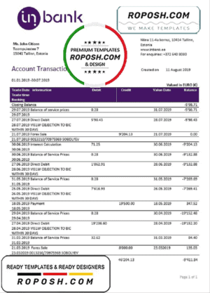 Estonia Inbank bank statement template, Word and PDF format (.doc and .pdf)