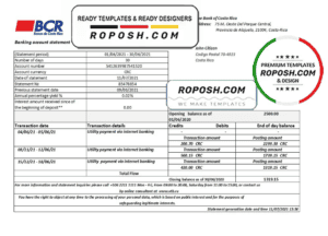 Costa Rica The Bank of Costa Rica bank statement easy to fill template in Excel and PDF format