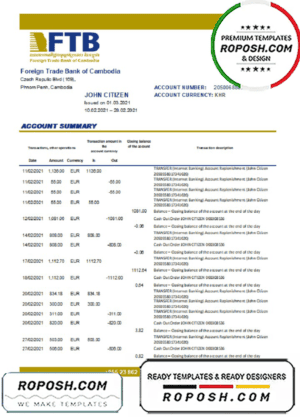 Cambodia Foreign Trade Bank of Cambodia bank statement easy to fill template in Excel and PDF format