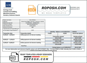 Solomon Islands ADB bank statement template in Word and PDF format