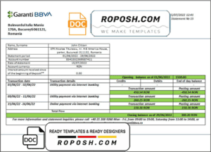 Romania Garanti BBVA bank proof of address statement template in Word and PDF format