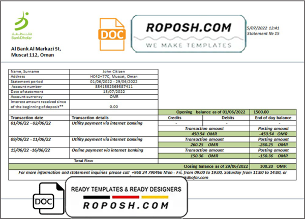 Oman Bank Dhofar bank statement template in Word and PDF format