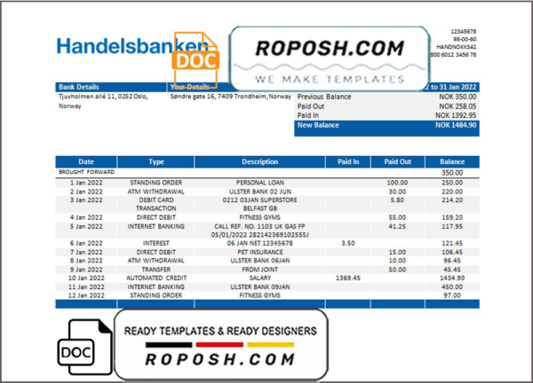 Norway Handelsbank bank statement template in Word and PDF format