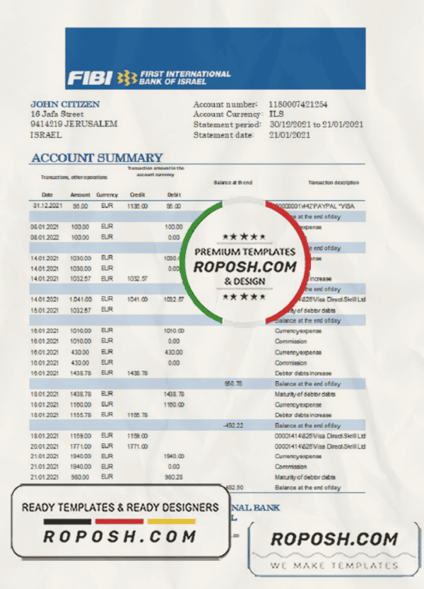 Israel First International Bank of Israel bank statement easy to fill template in Excel and PDF format