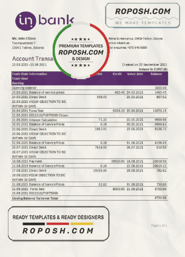 Estonia Inbank bank statement easy to fill template in Excel and PDF format