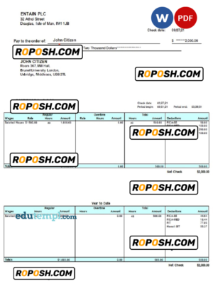 United Kingdom pay stub template in Word and PDF format, fully editable