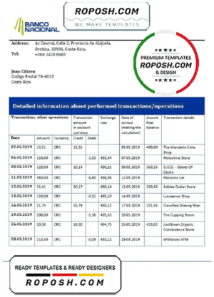 Costa Rica Banco Nacional de Costa Rica proof of address bank statement template in Word and PDF format