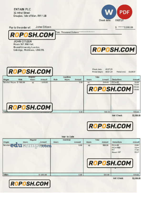 United Kingdom pay stub template in Word and PDF format, fully editable