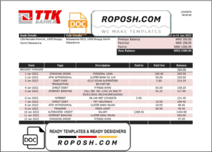 Macedonia TTK bank statement template in Word and PDF format