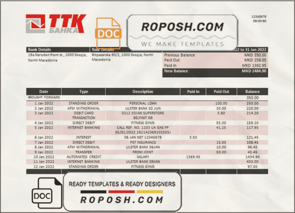 Macedonia TTK bank statement template in Word and PDF format