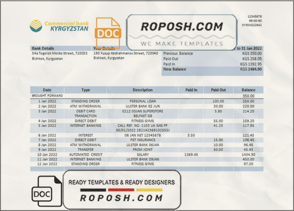 Kyrgyzstan Commercial Bank statement template in Word and PDF format
