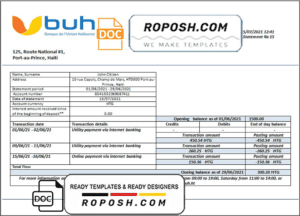 Haiti BUH bank statement template in Word and PDF format