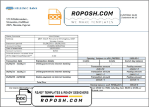 Cyprus Hellenic bank statement template in Word and PDF format