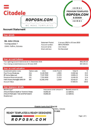 Estonia Citadele banka Eesti filiaal AS proof of address statement template in Word and PDF format, .doc and .pdf format