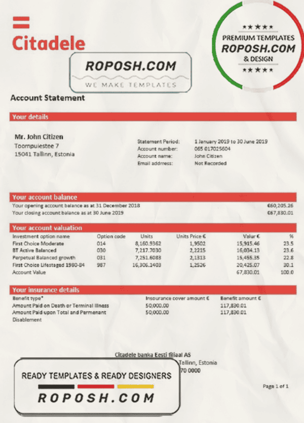Estonia Citadele banka Eesti filiaal AS proof of address statement template in Word and PDF format, .doc and .pdf format