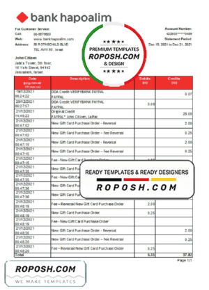 Israel Bank Hapoalim bank statement easy to fill template in .xls and .pdf file format