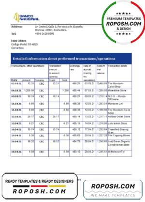 Costa Rica Banco Nacional bank statement easy to fill template in .xls and .pdf file format