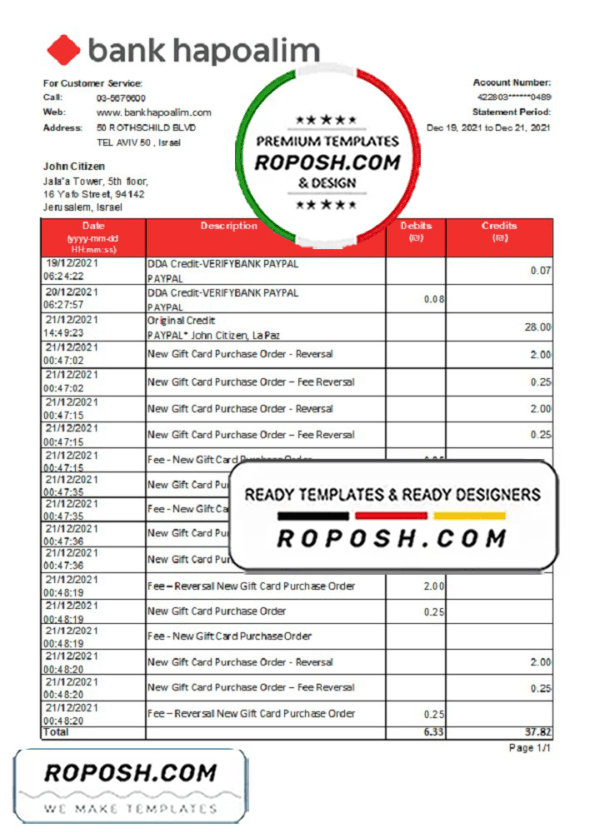 Israel Bank Hapoalim bank statement easy to fill template in .xls and .pdf file format