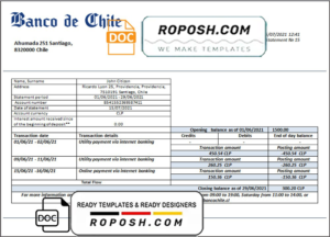 Chile Banco de Chile bank statement template in Word and PDF format