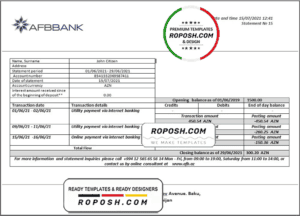 Azerbaijan AFB bank statement template in Word and PDF format, fully editable