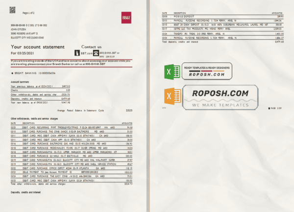 USA North Carolina BB&T Corp. bank statement template in Excel and PDF format (2 pages)