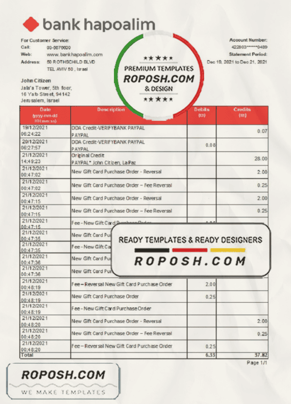 Israel Bank Hapoalim bank statement easy to fill template in .xls and .pdf file format
