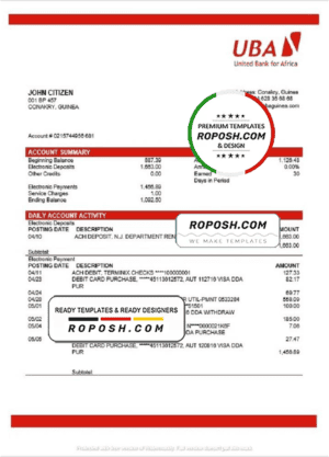 Guinea UBA Bank statement template in Word and PDF format, good for address prove