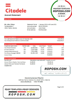 Estonia Citadele banka Eesti filiaal AS bank statement template in Excel and PDF format
