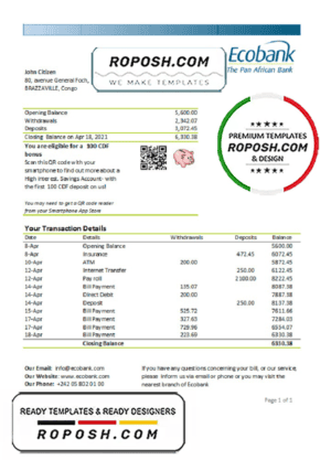 Congo Ecobank bank statement template in Word and PDF (.doc and .pdf) format