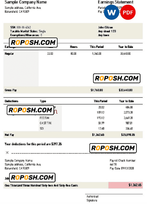 USA California earnings statement Word and PDF template