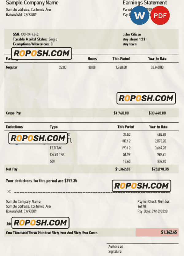 USA California earnings statement Word and PDF template